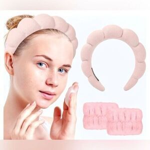 NEW - PINK Sponge Spa Headband & Wrist Cuffs - Terry Towel Fabric